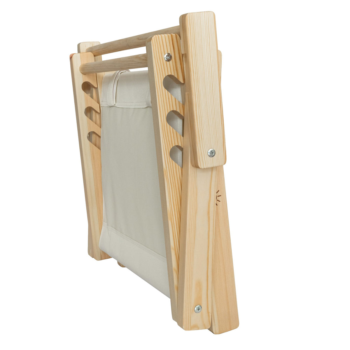 A SunDoze cream beige folding wooden headrest with fabric cushions, shown on a solid white background. In folded position. 