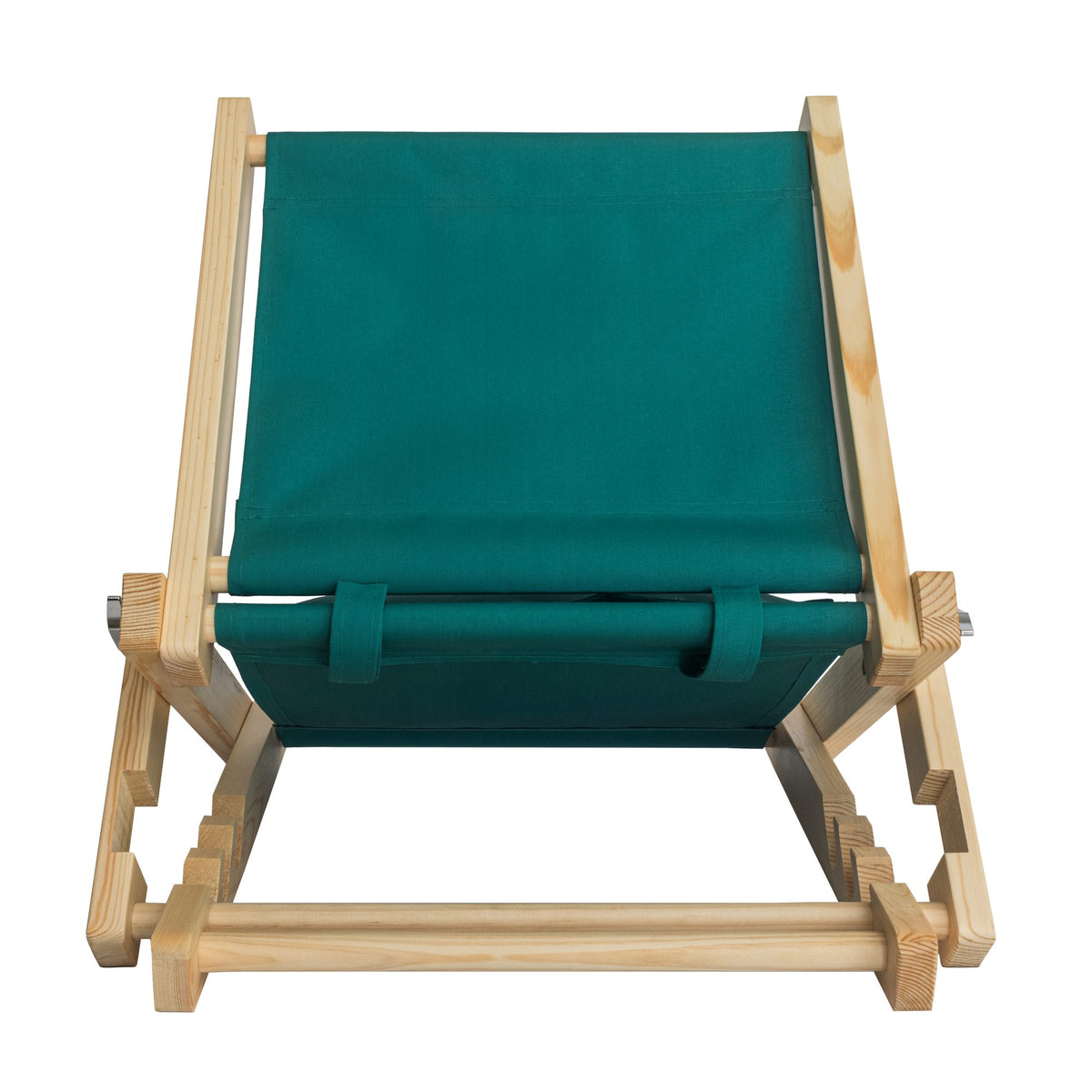 A SunDoze drift teal folding wooden headrest with fabric cushions, shown on a solid white background. Back view. 
