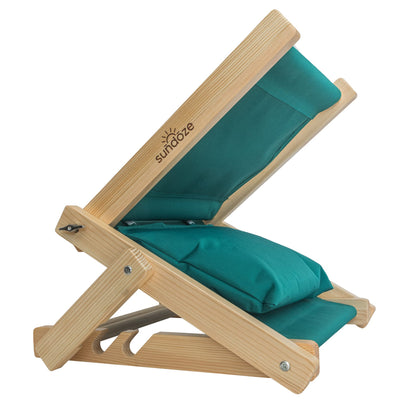A SunDoze drift teal headrest folding wooden headrest with fabric cushions, shown on a solid white background. 