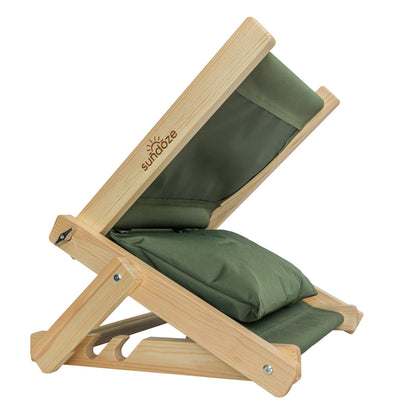 A SunDoze olive green folding wooden headrest with fabric cushions, shown on a solid white background. 