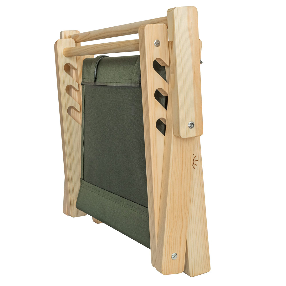 A SunDoze olive green folding wooden headrest with fabric cushions, shown on a solid white background. In folder position.