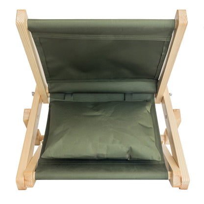 A SunDoze olive green folding wooden headrest with fabric cushions, shown on a solid white background. Front angle 