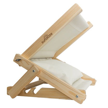 A SunDoze cream beige folding wooden headrest with fabric cushions, shown on a solid white background. 